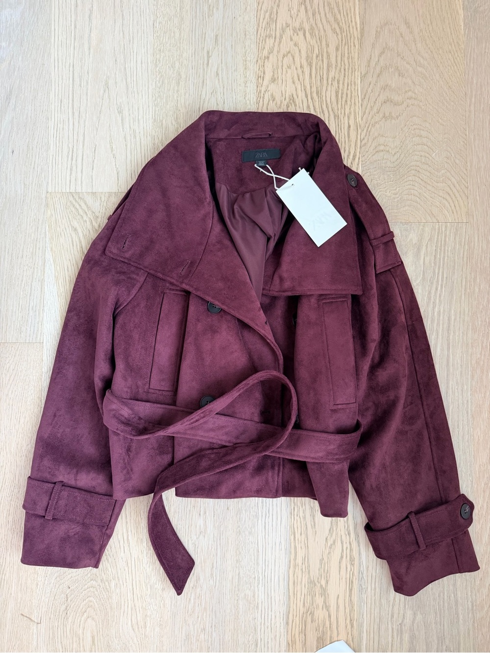 NWT Zara Burgundy Suede Belted Jacket